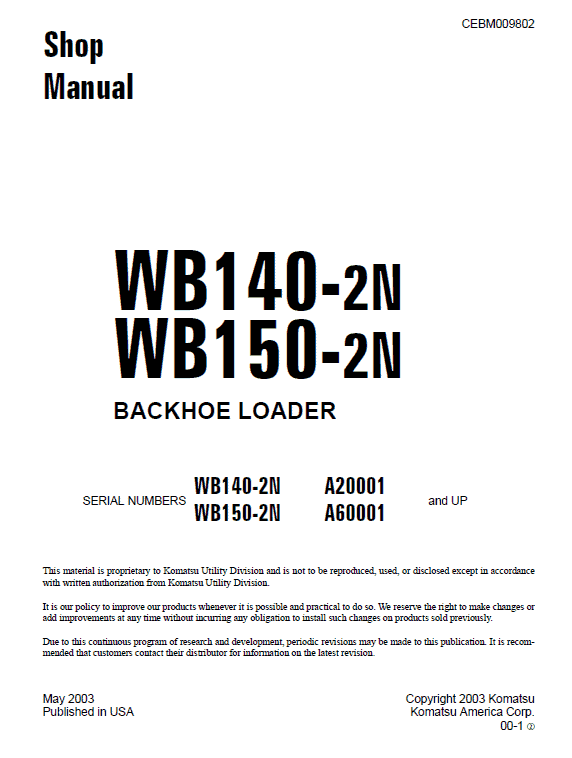 Komatsu Wb140-2 And Wb150-2 Backhoe Loader Service Manual