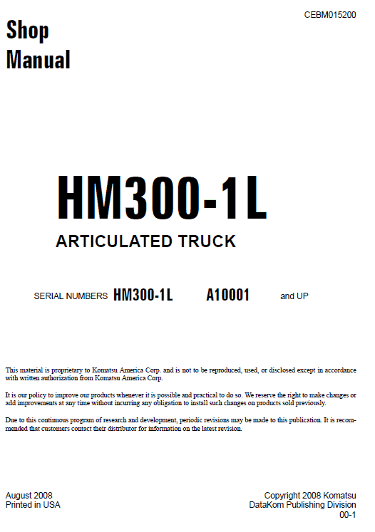 Komatsu Hm300-1l Dump Truck Service Manual