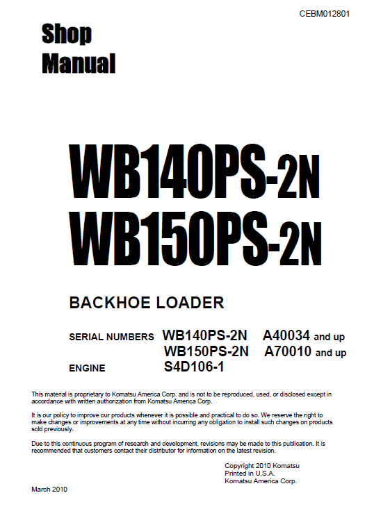 Komatsu Wb140ps-2n And Wb150ps-2n Backhoe Loader Service Manual