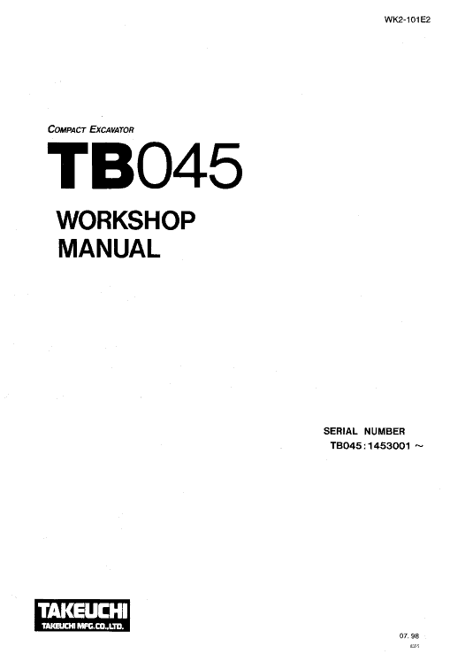 Takeuchi Tb045 Compact Excavator Service Manual