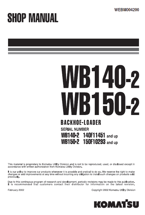 Komatsu Wb140-2 And Wb150-2 Backhoe Loader Service Manual