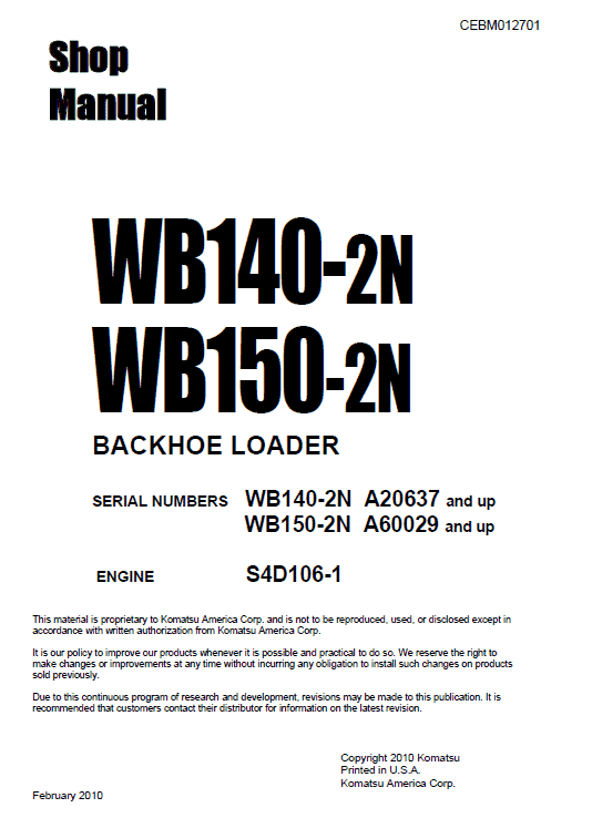 Komatsu Wb140-2n And Wb150-2n Backhoe Loader Service Manual