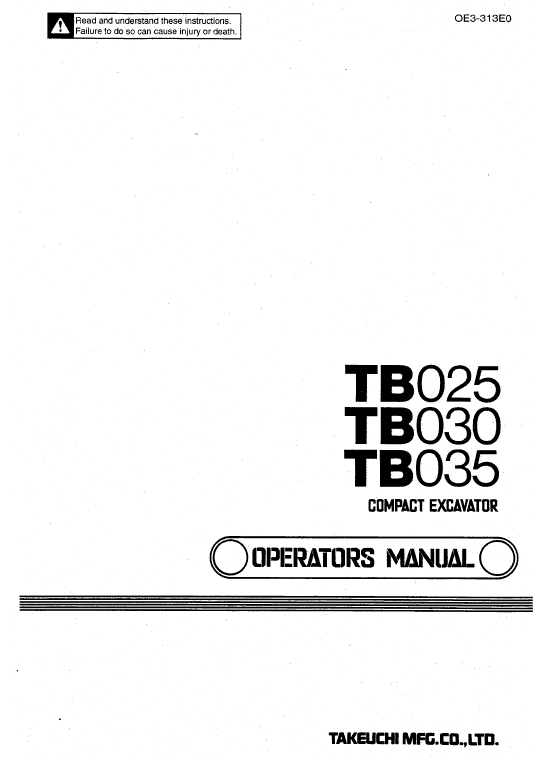 Takeuchi Tb025, Tb030 And Tb035 Excavator Service Manual