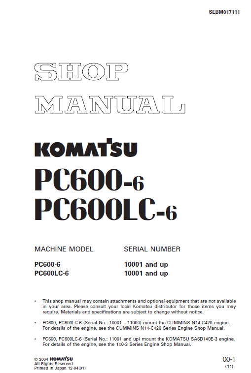 Komatsu Pc600-6, Pc600lc-6 Excavator Service Manual