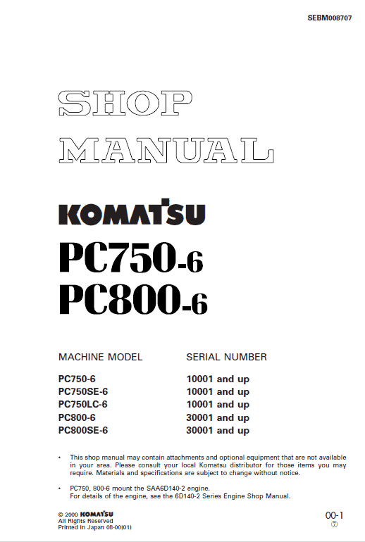 Komatsu Pc750-6, Pc750lc-6, Pc800-6 Excavator Service Manual