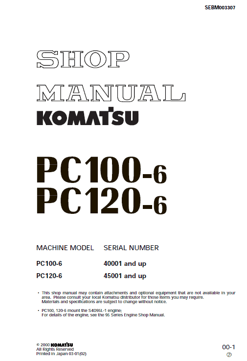 Komatsu Pc100-6, Pc120-6, Pc120lc-6, Pc130-6 Excavator Manual