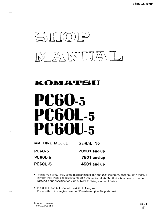 Komatsu Pc60-5, Pc60l-5, Pc60u-5 Excavator Service Manual