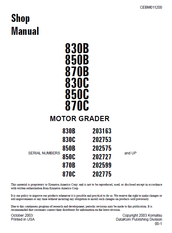 Komatsu 830b, 850b, 870b Motor Grader Service Manual