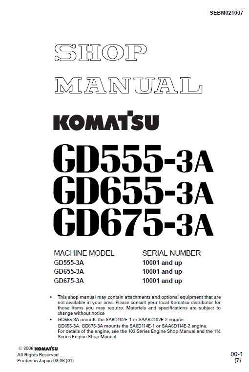 Komatsu Gd555-3a, Gd655-3a, Gd675-3a Grader Service Manual