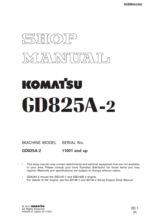 Komatsu Gd825a-2 Motor Grader Service Manual