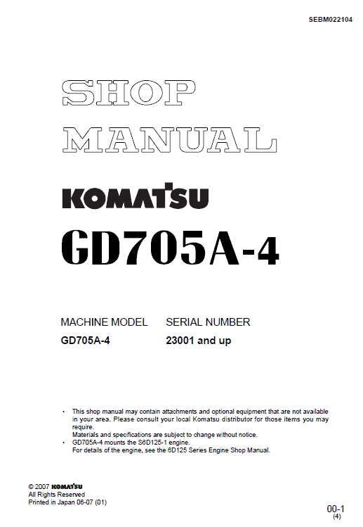 Komatsu Gd705a-4, Gd705r-4 Motor Grader Service Manual