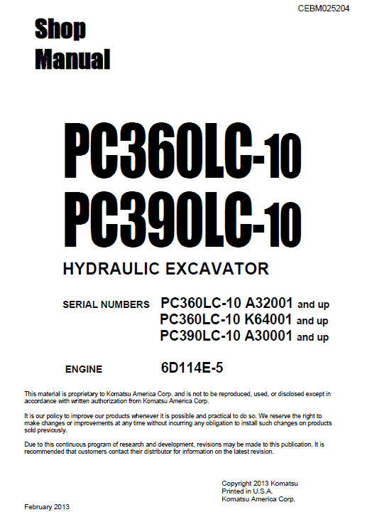 Komatsu Pc360lc-10, Pc390lc-10 Excavator Service Manual