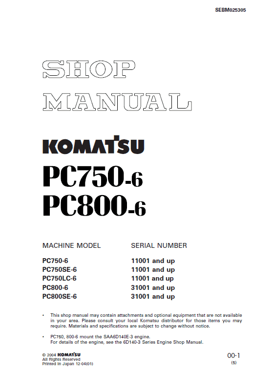 Komatsu Pc750-6, Pc750lc-6, Pc800-6 Excavator Service Manual