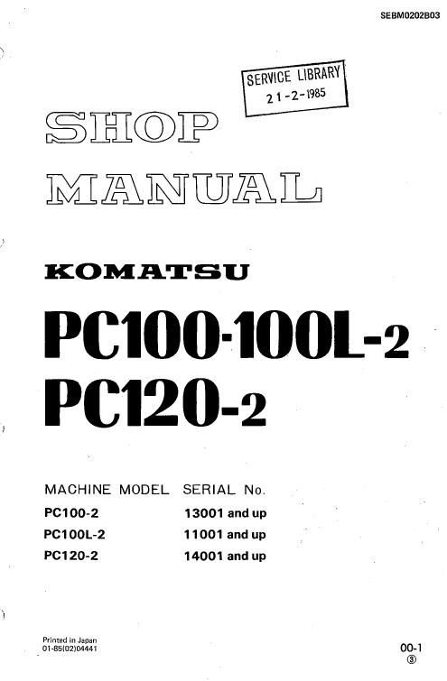 Komatsu Pc100-2, Pc100l-2, Pc120-2 Excavator Service Manual