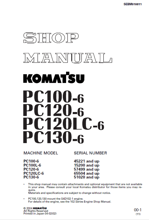 Komatsu Pc100-6, Pc120-6, Pc120lc-6, Pc130-6 Excavator Manual