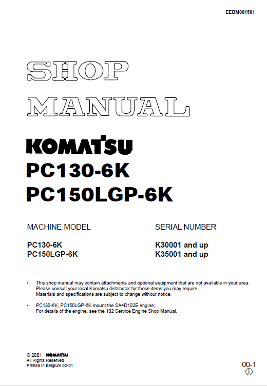 Komatsu Pc130-6k, Pc150lgp-6k Excavator Service Manual