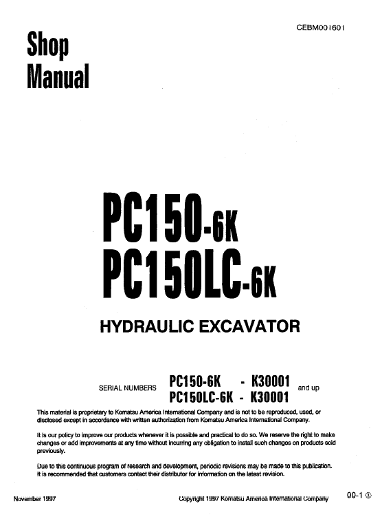 Komatsu Pc150-6k, Pc150lc-6k Excavator Service Manual