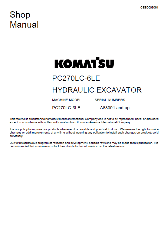 Komatsu Pc270lc-6le Excavator Service Manual