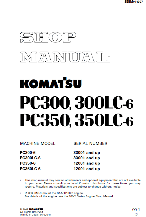 Komatsu Pc300-6, Pc300lc-6, Pc350-6, Pc350lc-6 Excavator Manual