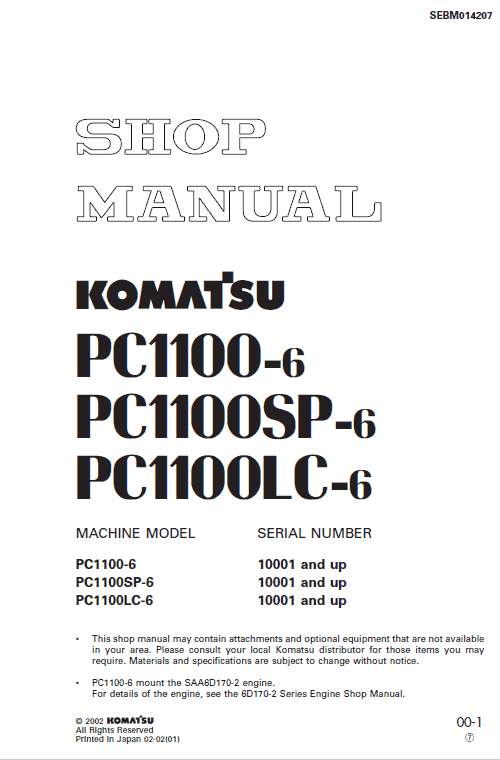 Komatsu Pc1100-6, Pc1100sp-6, Pc1100lc-6 Excavator Manual