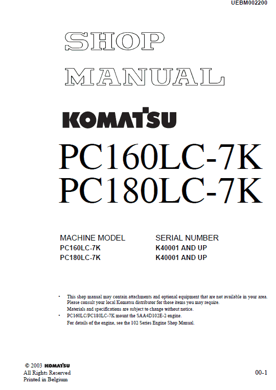 Komatsu Pc160lc-7k, Pc180lc-7k Excavator Service Manual