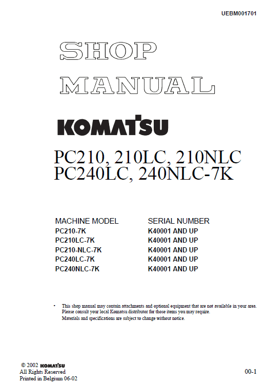 Komatsu Pc210-7k, Pc210lc-7k, Pc240lc-7k, Pc240nlc-7k Excavator Manual