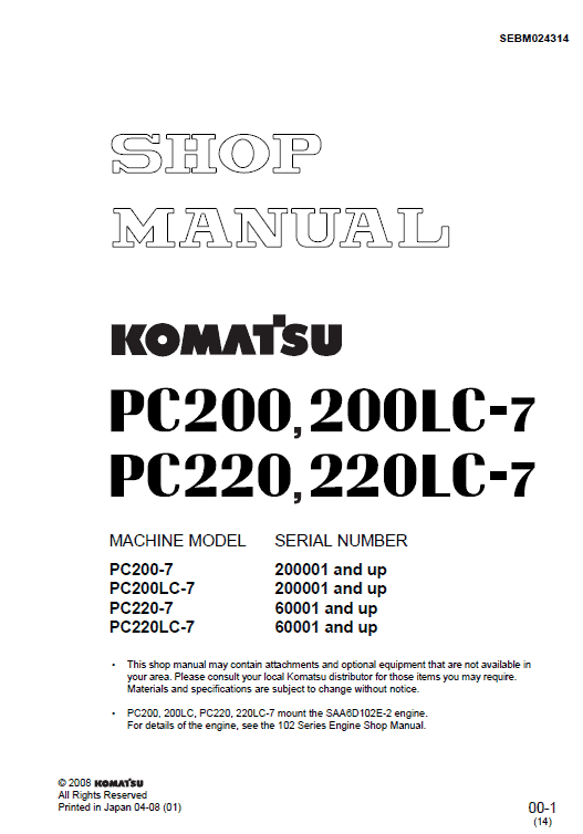 Komatsu Pc220-7, Pc220lc-7 Excavator Service Manual