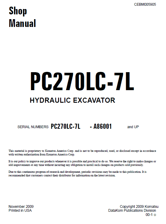 Komatsu Pc270lc-7l Excavator Service Manual