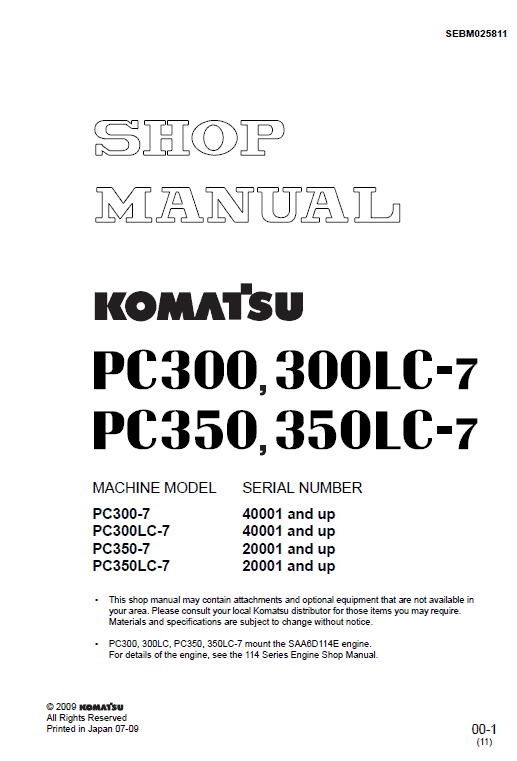 Komatsu Pc300-7, Pc300lc-7, Pc350-7, Pc350lc-7 Excavator Service Manual