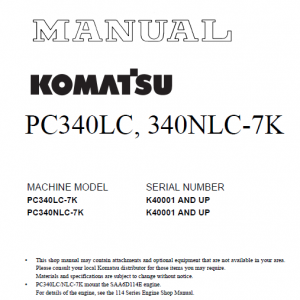 Komatsu Pc340c-7k, Pc340nlc-7k Excavator Service Manual