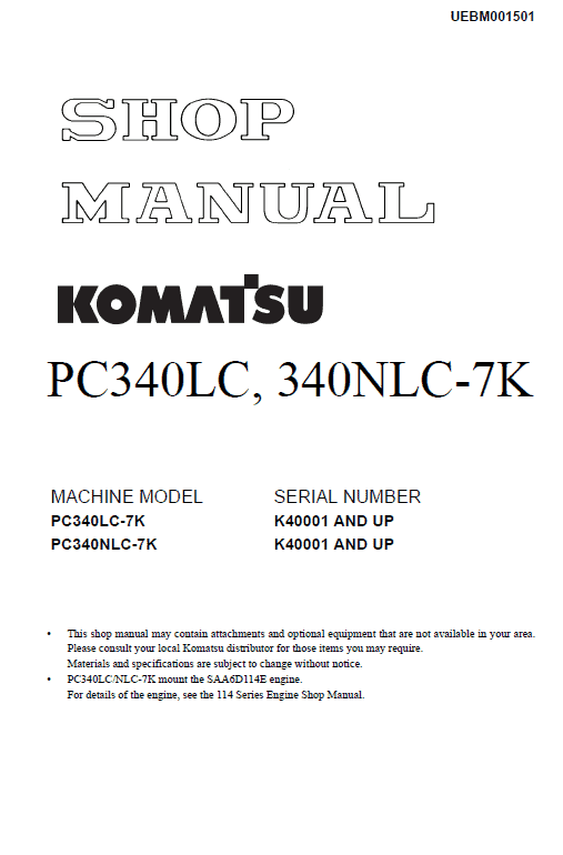 Komatsu Pc340c-7k, Pc340nlc-7k Excavator Service Manual