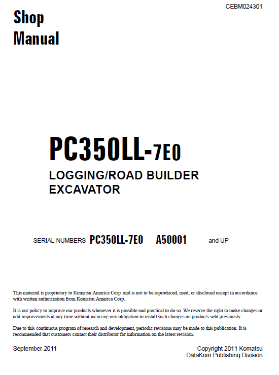 Komatsu Pc350ll-7e0 Excavator Service Manual