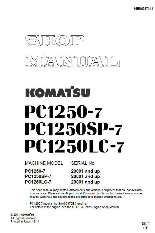 Komatsu Pc1250-7, Pc1250sp-7, Pc120lc-7 Excavator Service Manual