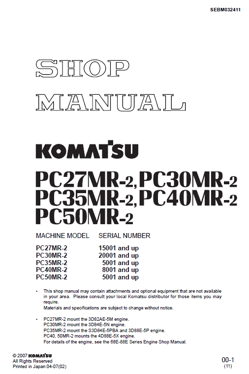 Komatsu Pc27mr-2, Pc30mr-2, Pc35mr-2, Pc40mr-2, Pc50mr-2 Manual