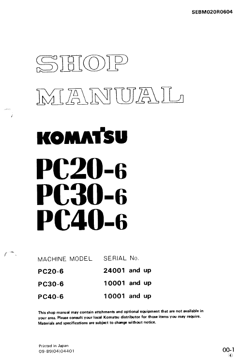 Komatsu Pc20-6, Pc30-6, Pc40-6 Excavator Service Manual