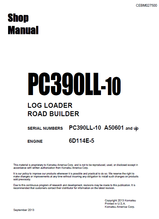 Komatsu Pc390ll-10 Log Loader Service Manual