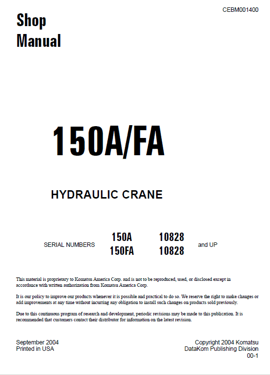 Komatsu 150a And 150fa Hydraulic Crane Service Manual