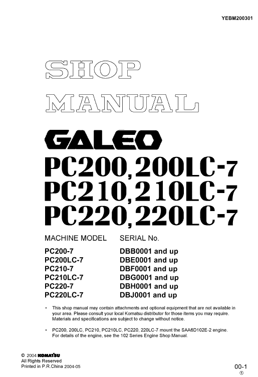 Komatsu Pc220-7, Pc220lc-7 Excavator Service Manual