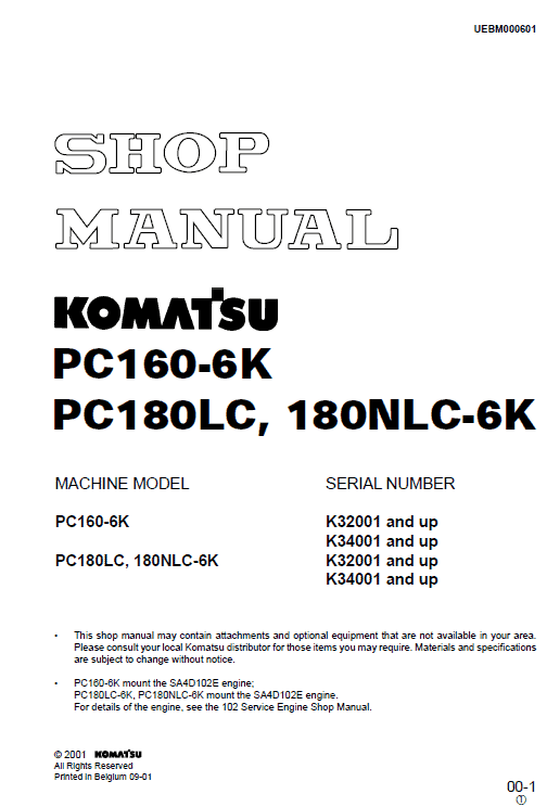 Komatsu Pc160-6k, Pc180lc-6k, 180nlc-6k Excavator Manual