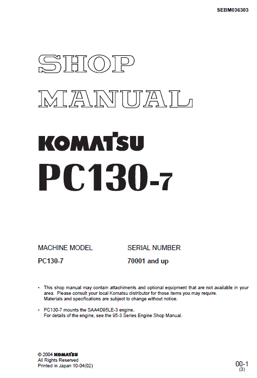 Komatsu Pc130-7 Excavator Service Manual