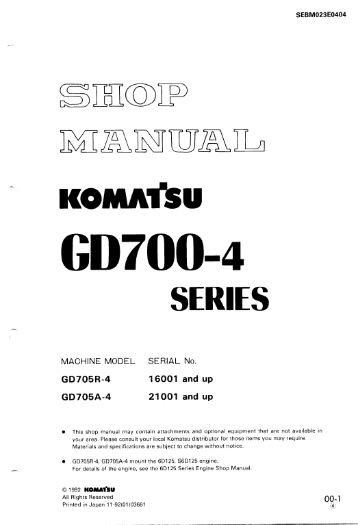 Komatsu Gd705a-4, Gd705r-4 Motor Grader Service Manual