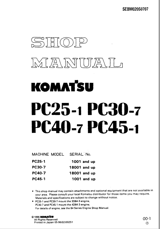 Komatsu Pc25-1, Pc30-7, Pc40-7, Pc45-1 Excavator Service Manual