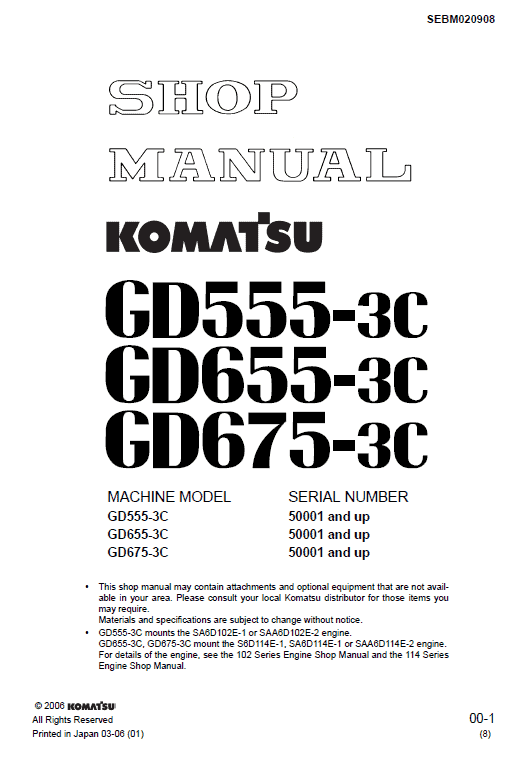 Komatsu Gd555-3c, Gd655-3c, Gd675-3c Grader Service Manual