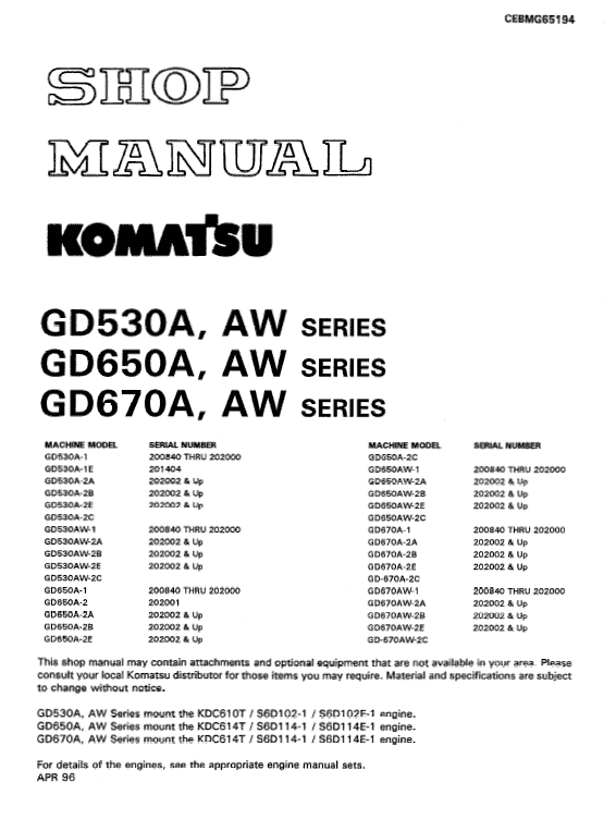 Komatsu Gd530a, Gd650a, Gd670a Series Motor Grader Manual