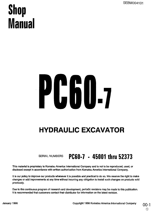 Komatsu Pc60-7 And Pc60-7b Excavator Service Manual