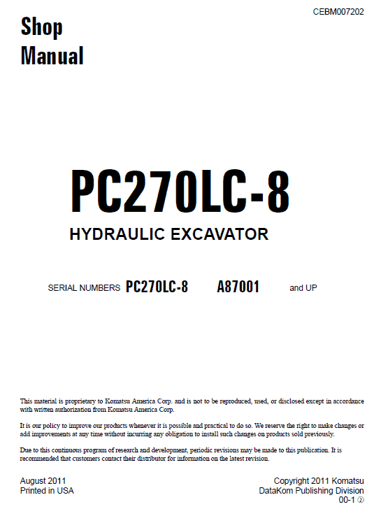 Komatsu Pc350-8, Pc350lc-8, Pc350hd-8 Excavator Service Manual