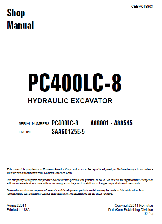 Komatsu Pc400-8, Pc400lc-8 Excavator Service Manual