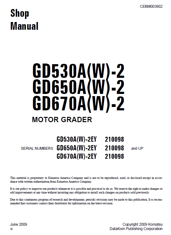 Komatsu Gd530a, Gd650a, Gd670a Series Motor Grader Manual