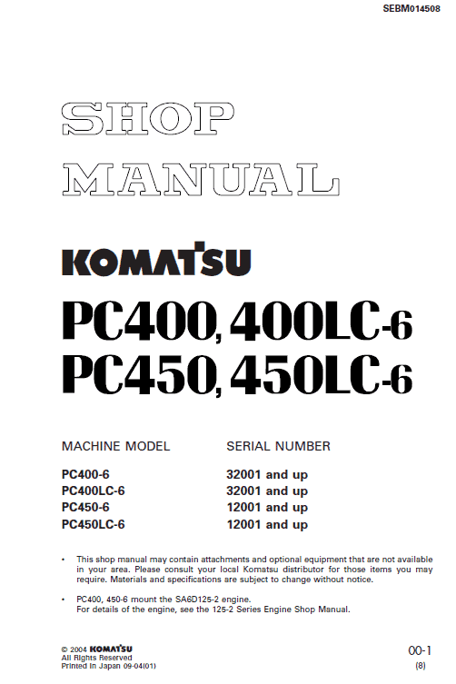 Komatsu Pc450-6, Pc450lc-6, Pc450-6k, Pc450lc-6k Excavator Manual