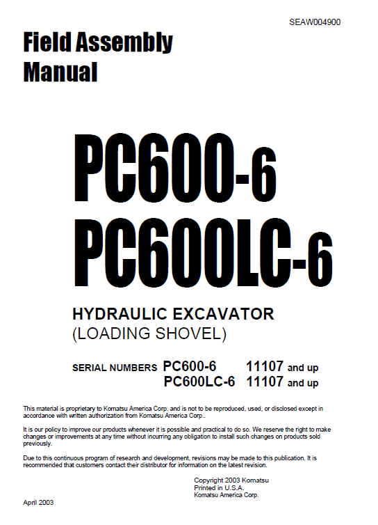 Komatsu Pc600-6, Pc600lc-6 Excavator Service Manual